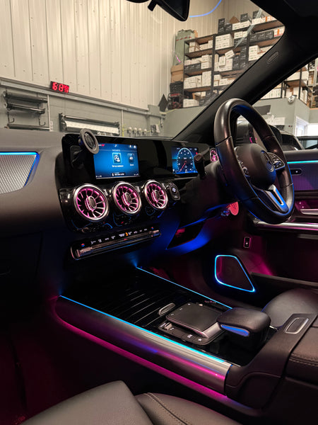 Mercedes-Benz B-Class W247, GLB X247 and GLA H247 ambient lighting kit with LED air vents, illuminated speaker covers, seat-back strips, light guides, wiring and a replacement dashboard acrylic insert
