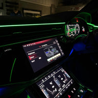 Audi Q8 4M RGB ambient lighting kit with dashboard and door LED strips, centre-console strip and four speaker light rings for 2019–2026 models
