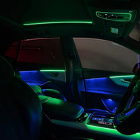 Audi Q8 4M RGB ambient lighting kit with dashboard and door LED strips, centre-console strip and four speaker light rings for 2019–2026 models

