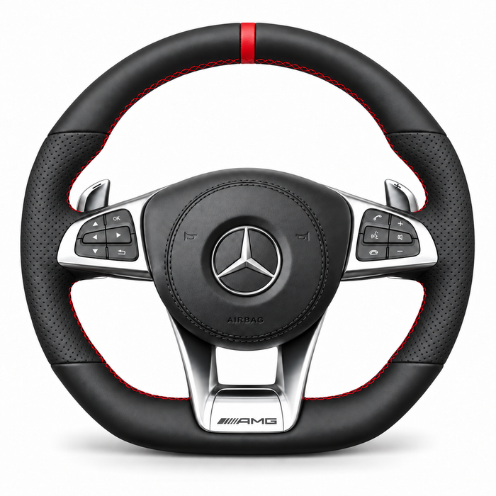 DHStyling made-to-order stitch-on steering wheel cover for matching Mercedes AMG GT, C63, CLA45, CLS63, E43, E63, GLC63, GLE63, GLS63, S63, S65, SLC43 and SL63 steering wheels within the listed 2014–2020 fitment years