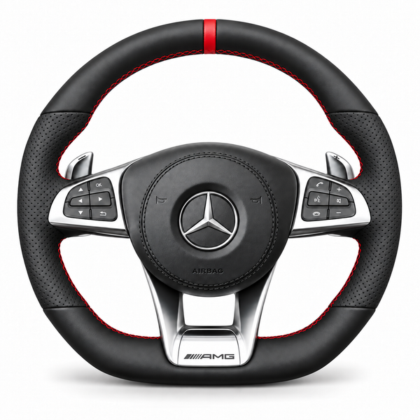 DHStyling made-to-order stitch-on steering wheel cover for matching Mercedes AMG GT, C63, CLA45, CLS63, E43, E63, GLC63, GLE63, GLS63, S63, S65, SLC43 and SL63 steering wheels within the listed 2014–2020 fitment years
