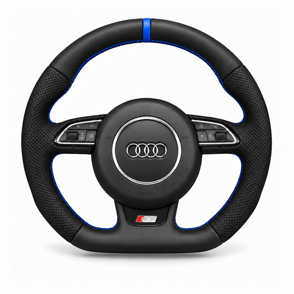 DHStyling made-to-order stitch-on steering wheel cover for the matching Audi steering wheel in compatible A, S, RS and Q models within the 2011–2018 fitment range
