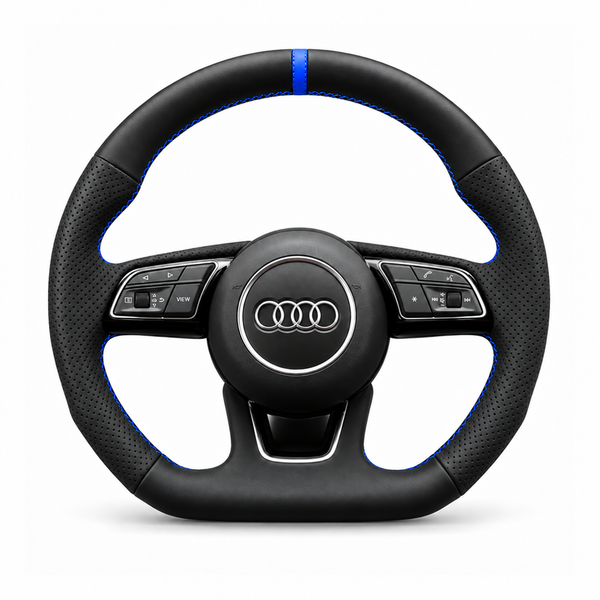 DHStyling made-to-order stitch-on steering wheel cover for matching Audi A3, A4, A5, Q2, S3, S4, S5 and RS4 steering wheels within the 2015–2022 fitment range