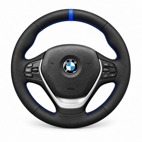 DHStyling stitch-on cover for the matching older shape BMW steering wheel in 1 Series 2011–2019, 2 Series 2014–2021, 3 Series 2012–2020 and 4 Series 2013–2021