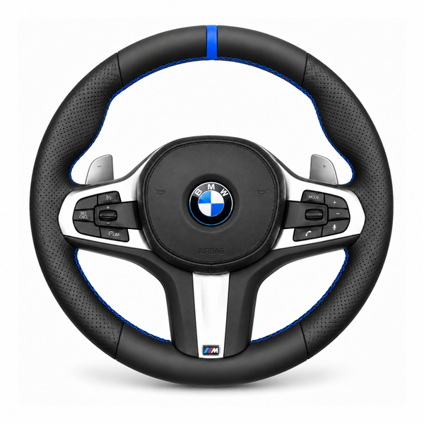 DHStyling made-to-order stitch-on steering wheel cover for the matching BMW G-Series-style steering wheel in compatible models from 2015–2026