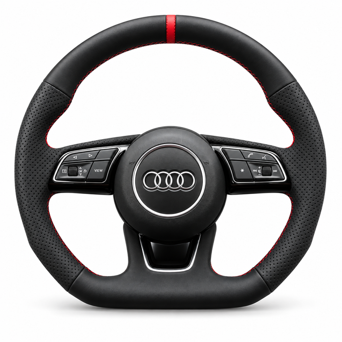 DHStyling made-to-order stitch-on steering wheel cover for matching Audi A3, A4, A5, Q2, S3, S4, S5 and RS4 steering wheels within the 2015–2022 fitment range