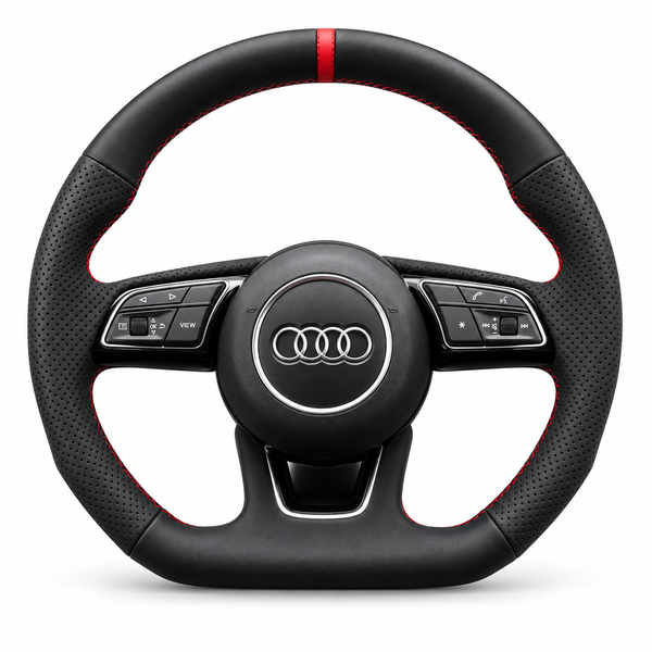 DHStyling made-to-order stitch-on steering wheel cover for matching Audi A3, A4, A5, Q2, S3, S4, S5 and RS4 steering wheels within the 2015–2022 fitment range
