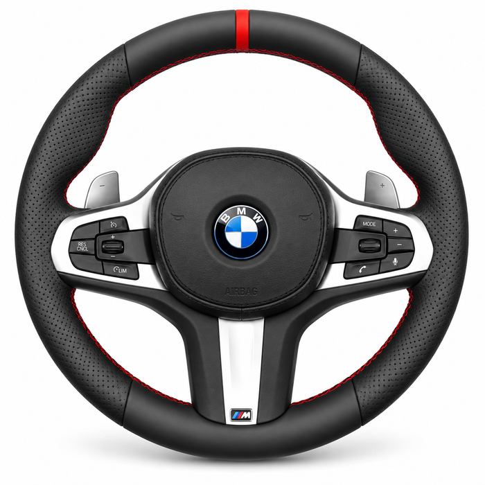DHStyling made-to-order stitch-on steering wheel cover for the matching BMW G-Series-style steering wheel in compatible models from 2015–2026