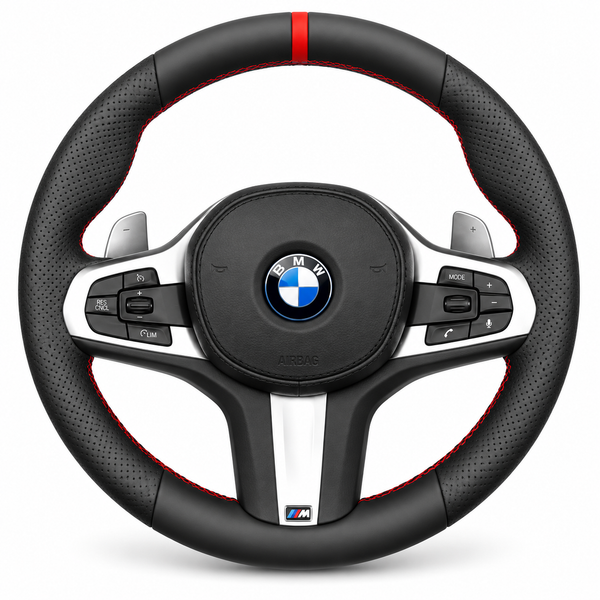 DHStyling made-to-order stitch-on steering wheel cover for the matching BMW G-Series-style steering wheel in compatible models from 2015–2026