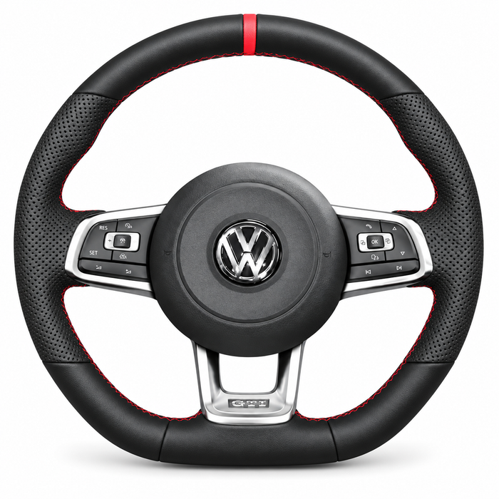 DHStyling made-to-order stitch-on steering wheel cover for matching Volkswagen Golf MK7 MK7.5 GTI GTD GTE R and selected VW models within the listed 2013–2021 fitment years