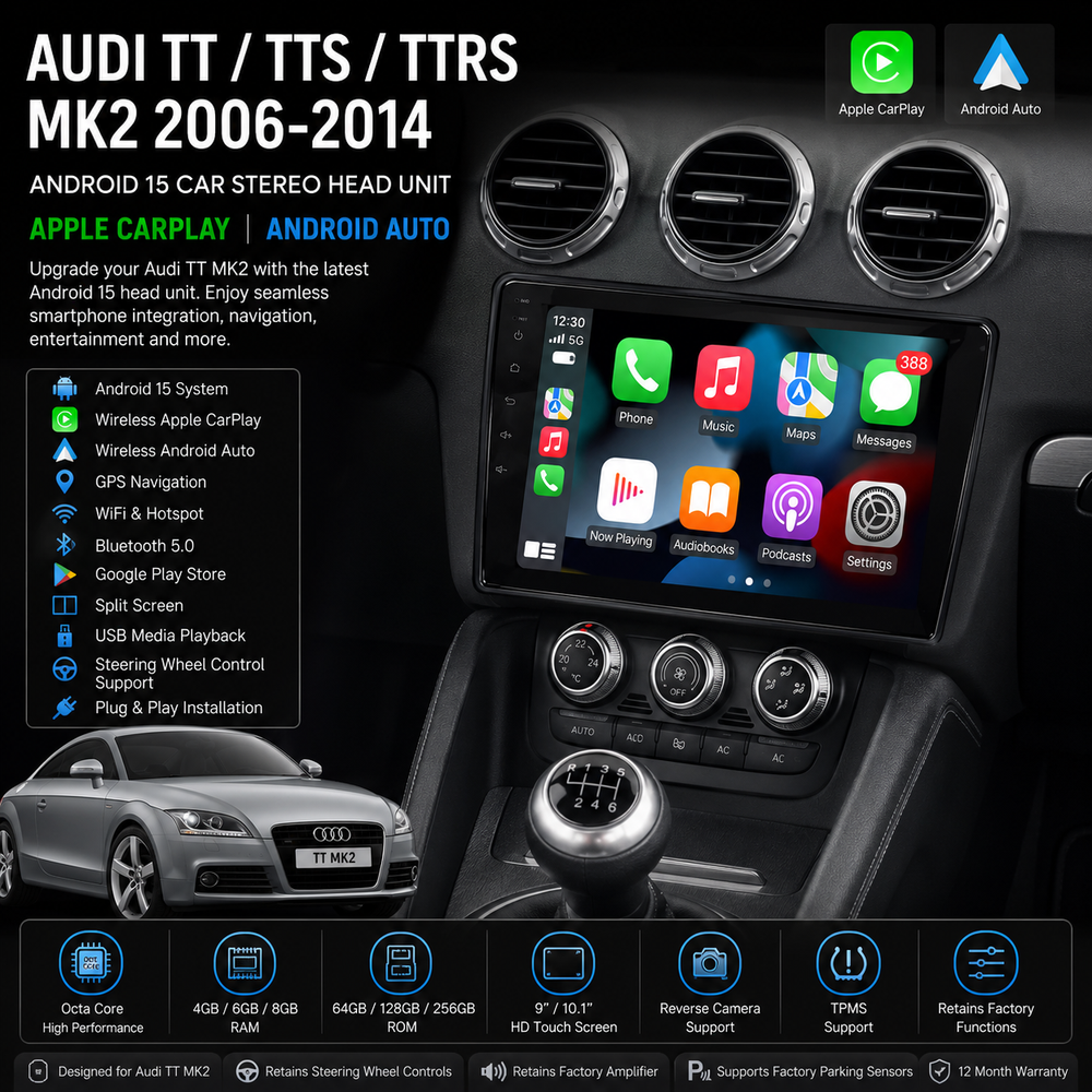 Audi TT / TTS / TTRS MK2 Android 15 Apple CarPlay & Android Auto Head Unit (2006-2014)