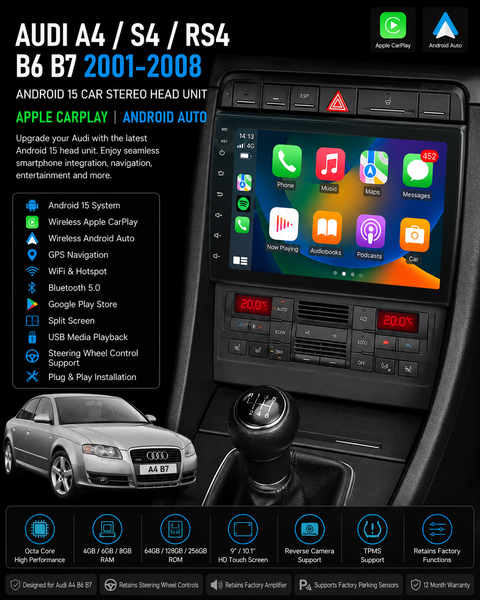 Audi A4 S4 RS4 B6 B7 Android 15 Apple CarPlay Android Auto Head Unit
