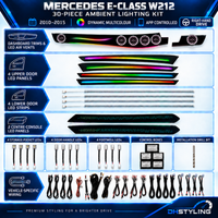 Mercedes E-Class W212 2010–2015 30-piece app-controlled ambient lighting kit with illuminated dashboard vents, doors and centre console

