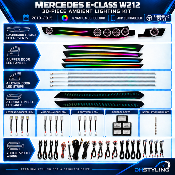 Mercedes E-Class W212 2010–2015 30-piece app-controlled ambient lighting kit with illuminated dashboard vents, doors and centre console
