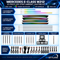 Mercedes E-Class W212 2010–2015 30-piece app-controlled ambient lighting kit with illuminated dashboard vents, doors and centre console
