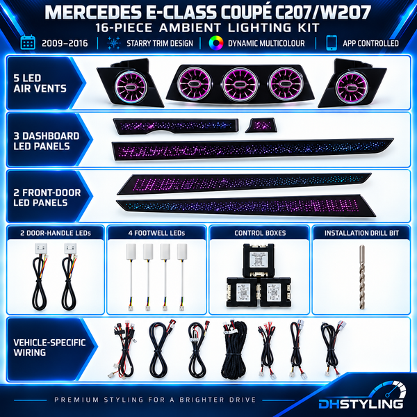 Mercedes E-Class Coupé C207/W207 2009–2016 16-piece app-controlled ambient lighting kit with illuminated air vents and interior trims