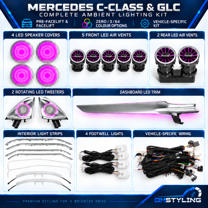 Mercedes C-Class W205 and GLC X253 complete ambient lighting kit with LED air vents, rotating tweeters and illuminated speaker covers