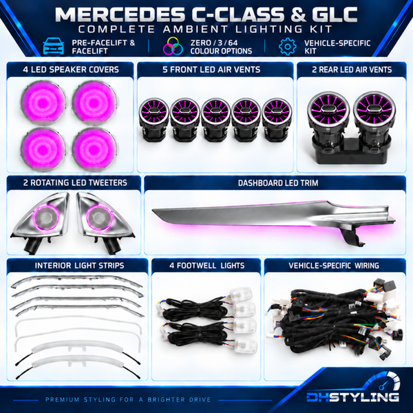 Mercedes C-Class W205 and GLC X253 complete ambient lighting kit with LED air vents, rotating tweeters and illuminated speaker covers