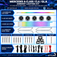 Mercedes A-Class W176, CLA C117 and GLA X156 28-piece app-controlled ambient lighting kit with illuminated air vents and interior lighting