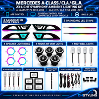 Mercedes A-Class W176, CLA C117 and GLA X156 28-piece app-controlled ambient lighting kit with illuminated air vents and interior lighting