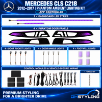 Mercedes-Benz CLS C218 2012–2017 Phantom ambient lighting kit with two dashboard LED strips, four illuminated door panels, pocket lights, handle lights, footwell lights and wiring
