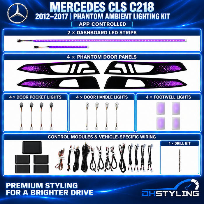 Mercedes-Benz CLS C218 2012–2017 Phantom ambient lighting kit with two dashboard LED strips, four illuminated door panels, pocket lights, handle lights, footwell lights and wiring
