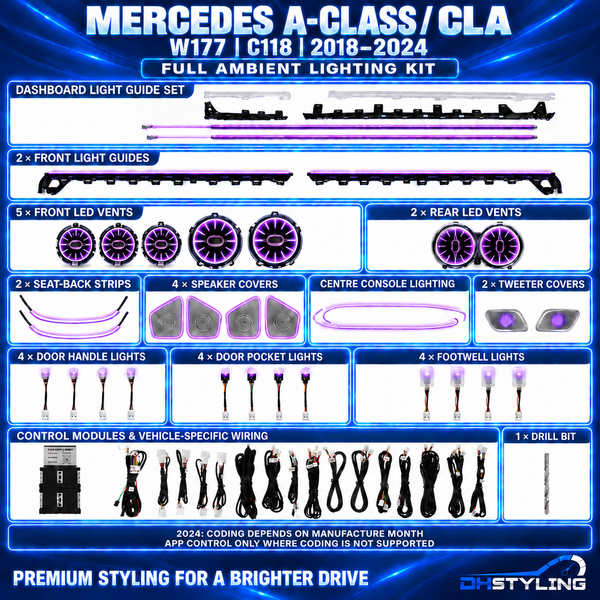 Mercedes-Benz A-Class W177 and CLA C118 2018–2024 ambient lighting kit with dashboard guides, front and rear LED vents, speaker covers, tweeters, seat-back lights and wiring
