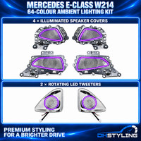 Mercedes-Benz E-Class W214 64-colour ambient lighting kit with four illuminated door speaker cover assemblies and two silver rotating illuminated tweeters
