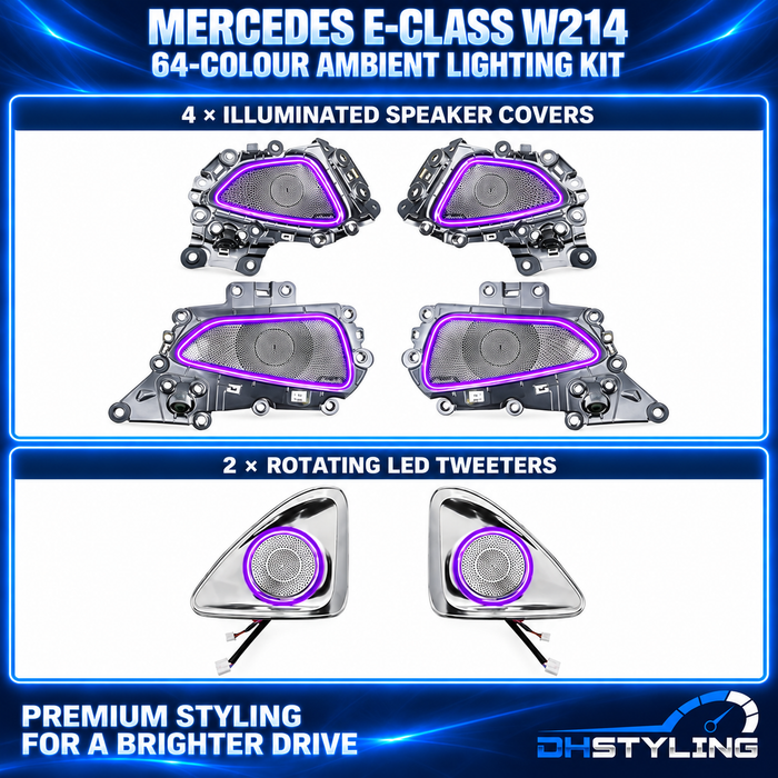 Mercedes-Benz E-Class W214 64-colour ambient lighting kit with four illuminated door speaker cover assemblies and two silver rotating illuminated tweeters
