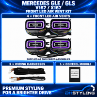 Mercedes-Benz E-Class W214 64-colour ambient lighting kit with four illuminated door speaker cover assemblies and two silver rotating illuminated tweeters
