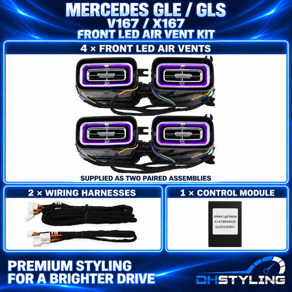 Mercedes-Benz E-Class W214 64-colour ambient lighting kit with four illuminated door speaker cover assemblies and two silver rotating illuminated tweeters
