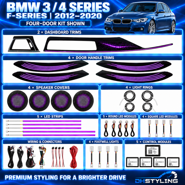 DHStyling BMW 3 and 4 Series F-Series 2012–2020 ambient lighting kit with two dashboard LED strips, four curved-line door handle trims, speaker covers, light rings, footwell lights and wiring.

