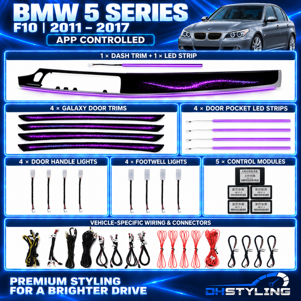 DHStyling BMW 5 Series F10 2011–2017 Galaxy ambient lighting kit with dashboard trim, dashboard LED strip, four door trims, storage pocket strips, handle lights, footwell lights, controllers and wiring.
