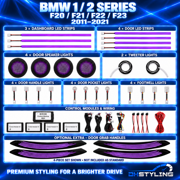 DHStyling BMW 1 and 2 Series F-Series 2011–2021 ambient lighting kit with three dashboard LED strips, four door speaker lights, door lighting, four footwell lights and two tweeter lights.
