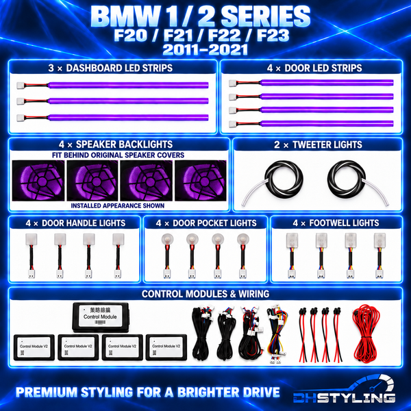 DHStyling BMW 1 and 2 Series F-Series 2011–2021 ambient lighting kit with three dashboard LED strips, four door speaker lights, door lighting, four footwell lights and two tweeter lights.
