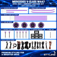 Mercedes-Benz V-Class W447 2016–2021 ambient lighting kit with dashboard and door LED strips, four illuminated air vents, footwell lights, storage pocket lights, control modules and wiring
