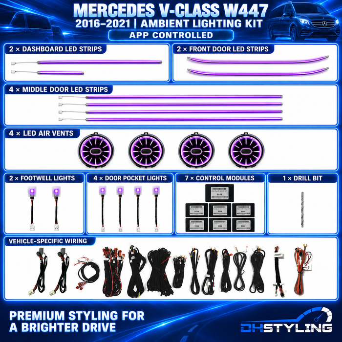 Mercedes-Benz V-Class W447 2016–2021 ambient lighting kit with dashboard and door LED strips, four illuminated air vents, footwell lights, storage pocket lights, control modules and wiring
