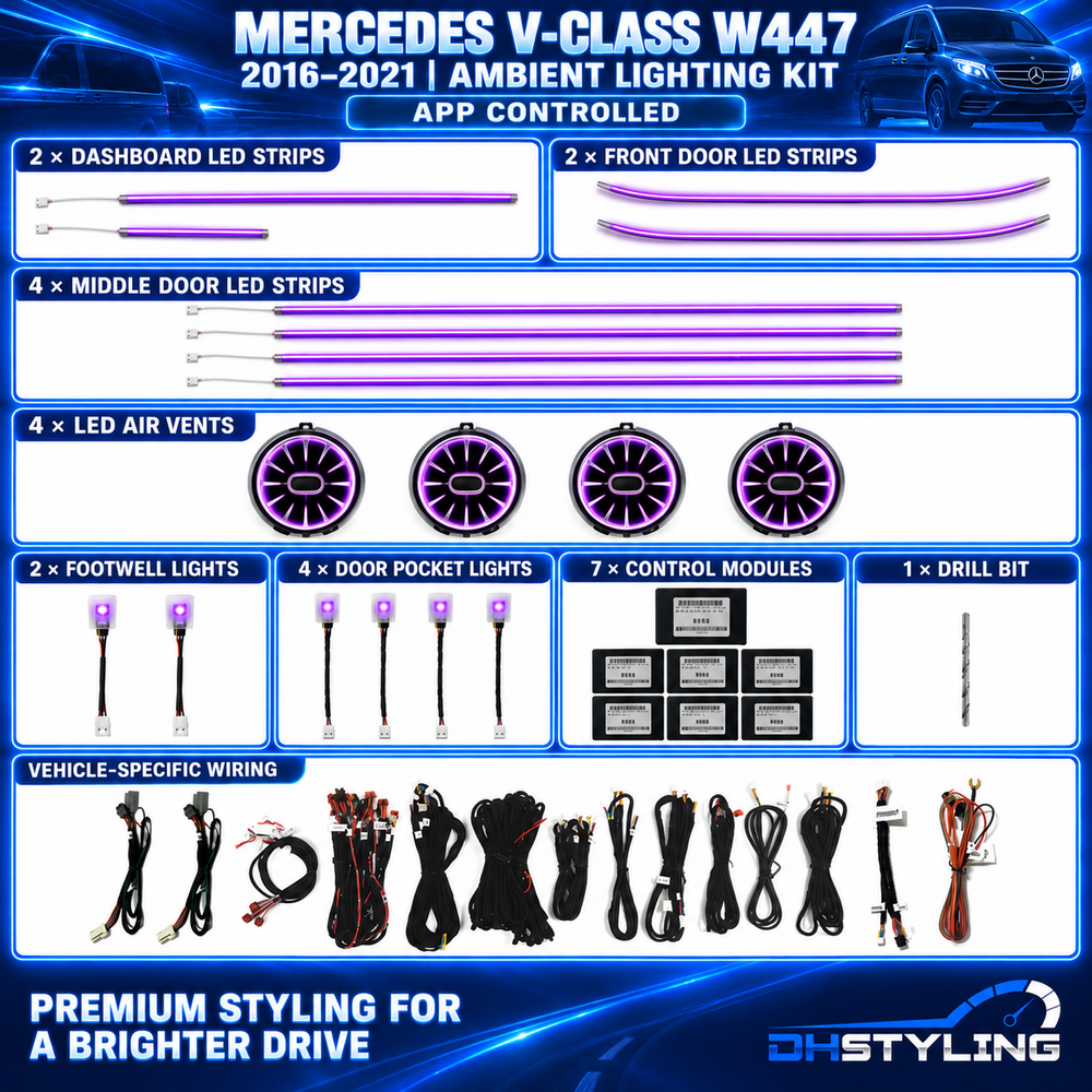 Mercedes-Benz V-Class W447 2016–2021 ambient lighting kit with dashboard and door LED strips, four illuminated air vents, footwell lights, storage pocket lights, control modules and wiring

