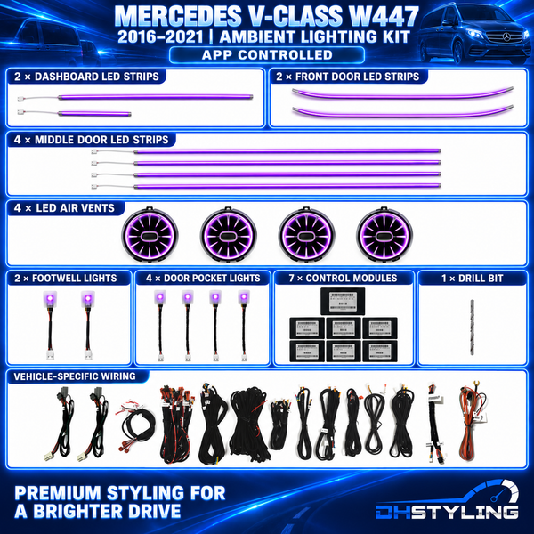 Mercedes-Benz V-Class W447 2016–2021 ambient lighting kit with dashboard and door LED strips, four illuminated air vents, footwell lights, storage pocket lights, control modules and wiring
