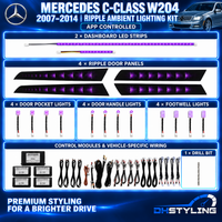 Mercedes-Benz C-Class W204 2007–2014 Ripple ambient lighting kit with four illuminated door panels, two dashboard LED strips, handle lights, pocket lights, footwell lights, control modules and wiring
