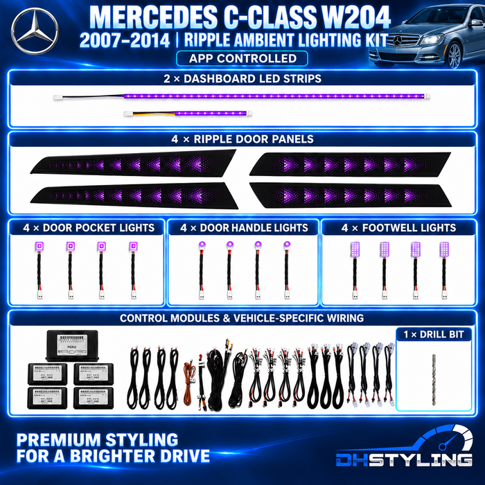 Mercedes-Benz C-Class W204 2007–2014 Ripple ambient lighting kit with four illuminated door panels, two dashboard LED strips, handle lights, pocket lights, footwell lights, control modules and wiring
