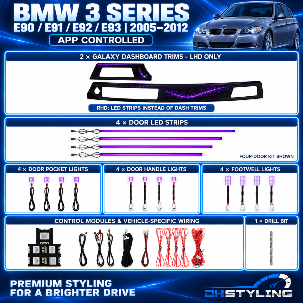 BMW 3 Series E90 E91 E92 E93 2005–2012 ambient lighting kit showing LHD Galaxy dashboard trims, door LED strips, pocket lights, handle lights, footwell lights, control modules and wiring
