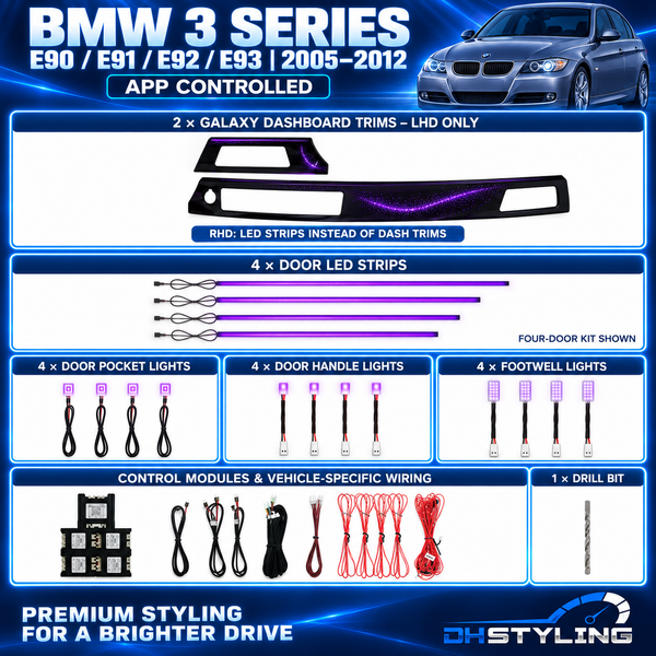 BMW 3 Series E90 E91 E92 E93 2005–2012 ambient lighting kit showing LHD Galaxy dashboard trims, door LED strips, pocket lights, handle lights, footwell lights, control modules and wiring
