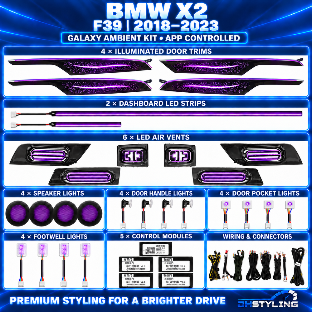 DHStyling BMW X2 F39 Galaxy ambient lighting kit for 2018–2023 models with four illuminated door trims, six LED air vents, two dashboard strips, speaker lights, handle lights, pocket lights, footwell lights, control modules and wiring.
