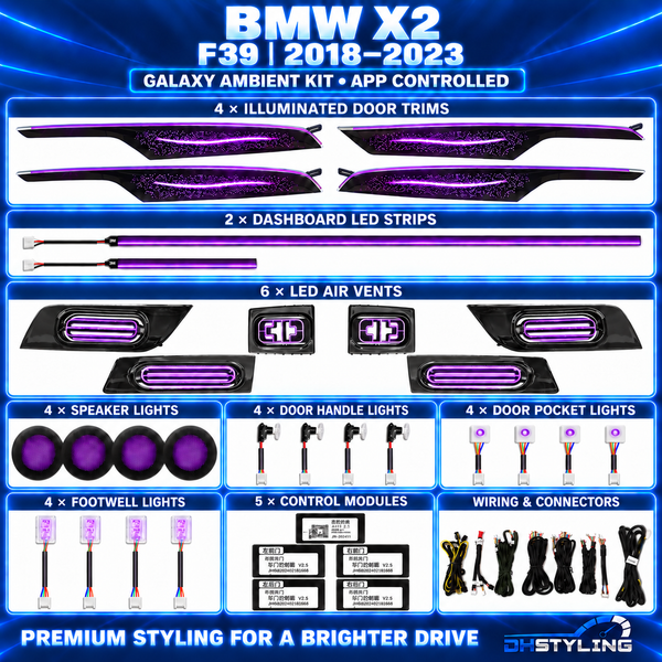 DHStyling BMW X2 F39 Galaxy ambient lighting kit for 2018–2023 models with four illuminated door trims, six LED air vents, two dashboard strips, speaker lights, handle lights, pocket lights, footwell lights, control modules and wiring.
