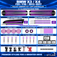 BMW X3 F25 / X4 F26 Galaxy ambient lighting kit for 2012–2017, showing the LHD dashboard trim, dashboard LED strip, four illuminated door trims, speaker lights, tweeter rings, pocket lights, handle lights, footwell lights and wiring.
