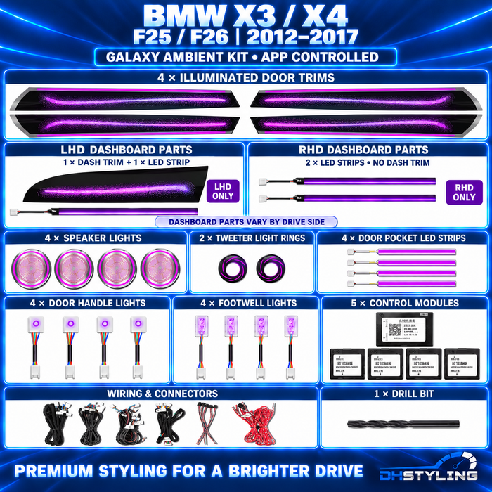 BMW X3 F25 / X4 F26 Galaxy ambient lighting kit for 2012–2017, showing the LHD dashboard trim, dashboard LED strip, four illuminated door trims, speaker lights, tweeter rings, pocket lights, handle lights, footwell lights and wiring.
