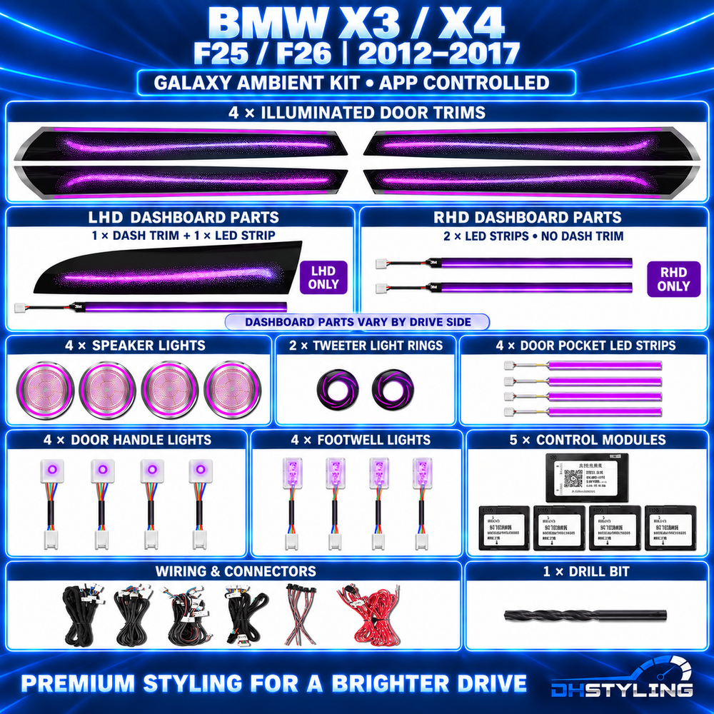 BMW X3 F25 / X4 F26 Galaxy ambient lighting kit for 2012–2017, showing the LHD dashboard trim, dashboard LED strip, four illuminated door trims, speaker lights, tweeter rings, pocket lights, handle lights, footwell lights and wiring.
