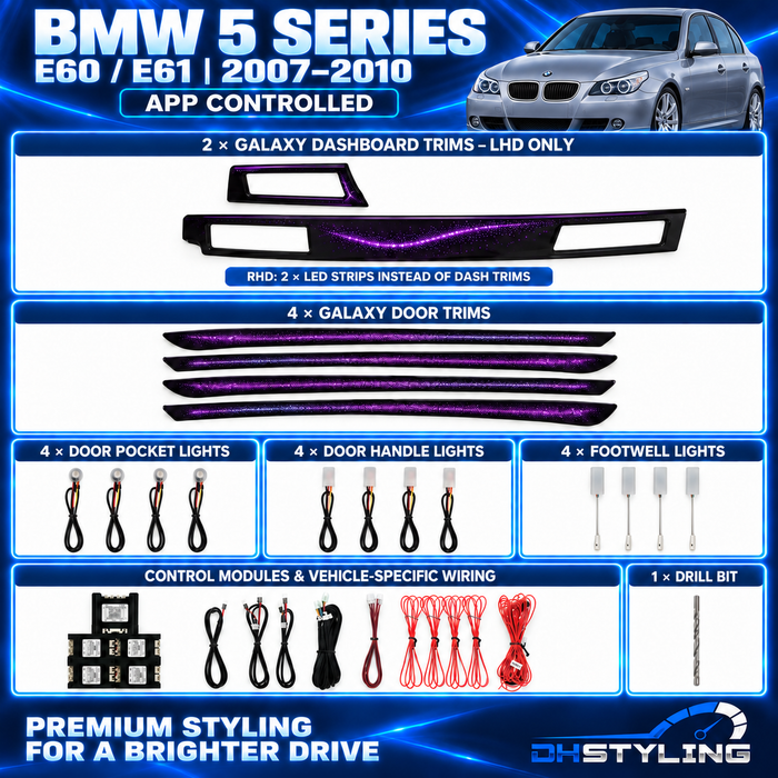 DHStyling BMW 5 Series E60 E61 2004–2006 Galaxy ambient lighting kit showing dashboard trims, four door LED strips, pocket lights, handle lights, footwell lights, control modules and wiring.
