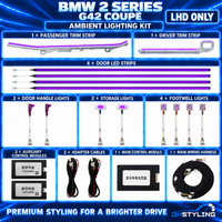 DHStyling BMW 2 Series G42 Coupé LHD ambient lighting kit with passenger and driver centre console trim strips, four door LED strips, two handle lights, two storage lights, four footwell lights, control modules and wiring.
